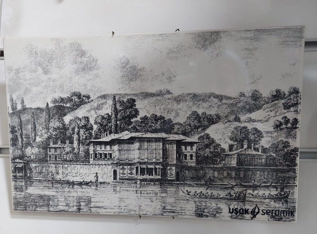 A18195 Seramik Tablo Dikdörtgen 40x25cm Siyah Beyaz Vintage Köşk Dağ Kayık Kürek 1 Adet