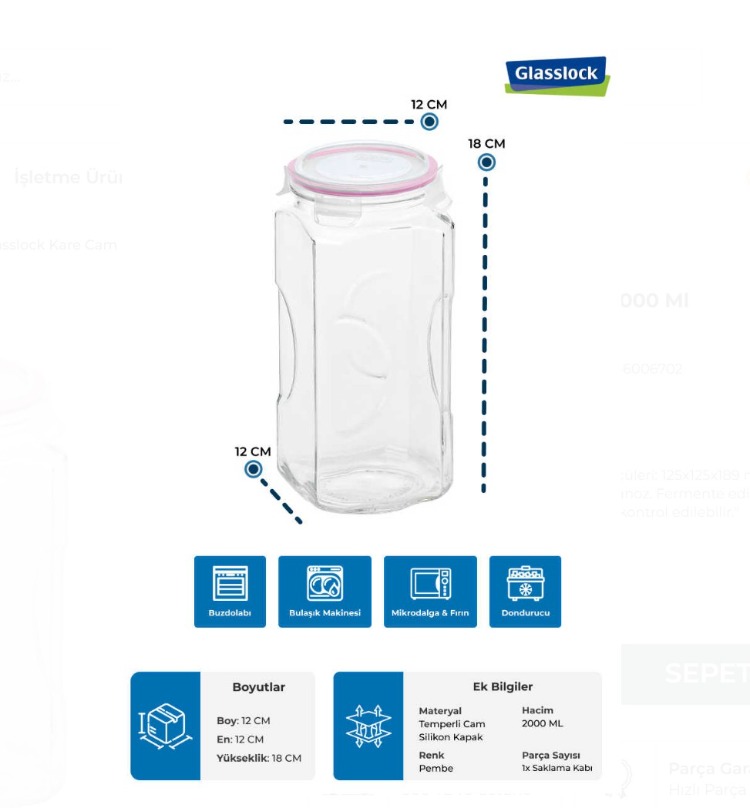 D-IP592 Glasslock Kare Cam Kavanoz 2000 Ml Mutfak