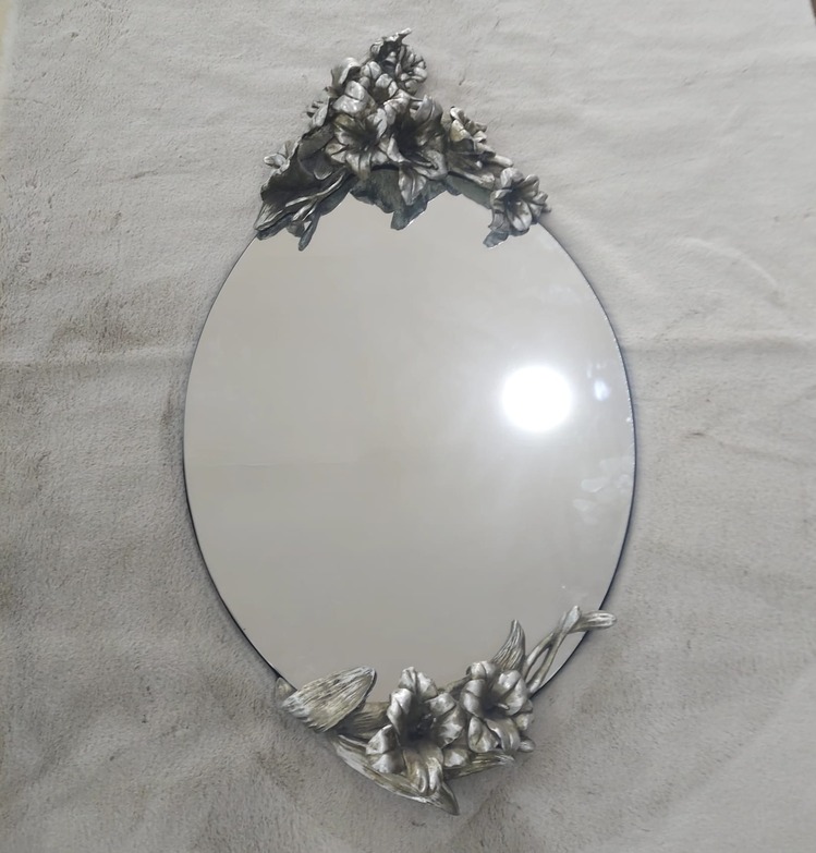 A61950950 46x85cm Oval Ayna Çiçek Motifli Gümüş Renk Mobilya Dekorasyon 1 Adet