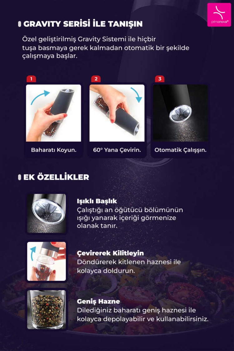 D-BRN024 Gravity Paslanmaz Çelik Otomatik Tuz & Karabiber Öğütücü Pilli - Siyah