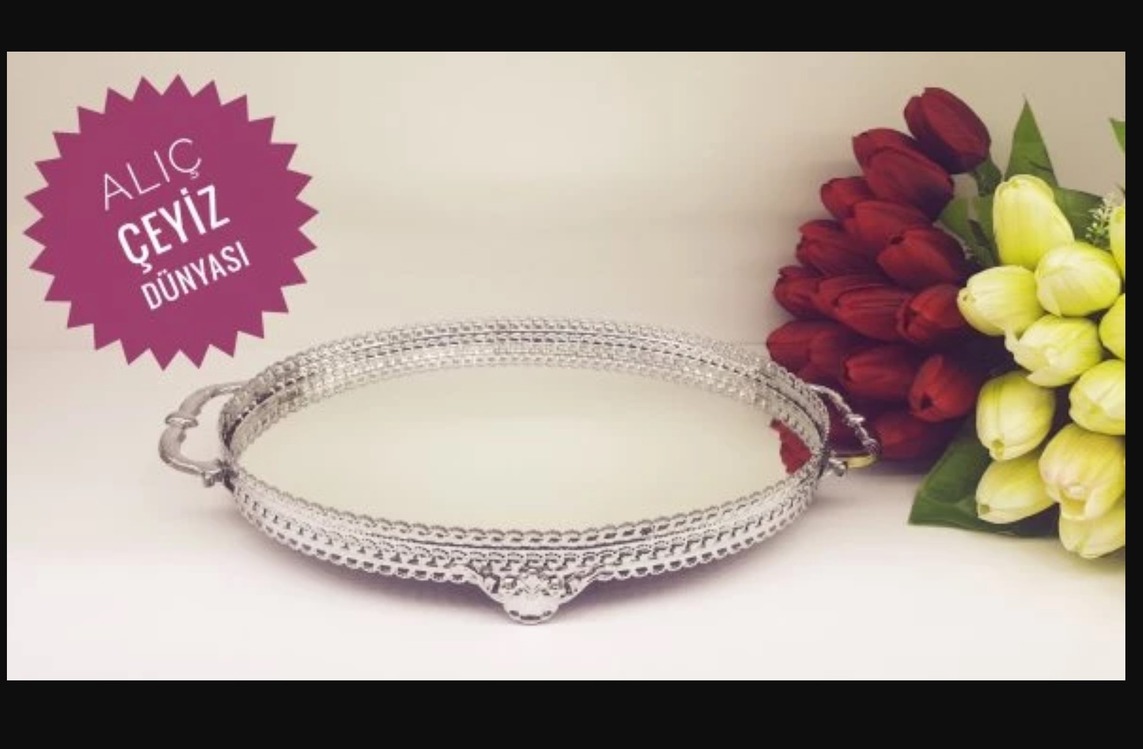 140002 57x32x8cm Oval Aynalı Cam Metal Çift Kulplu Ayaklı Çay Tepsi Eskitme 1 Adet