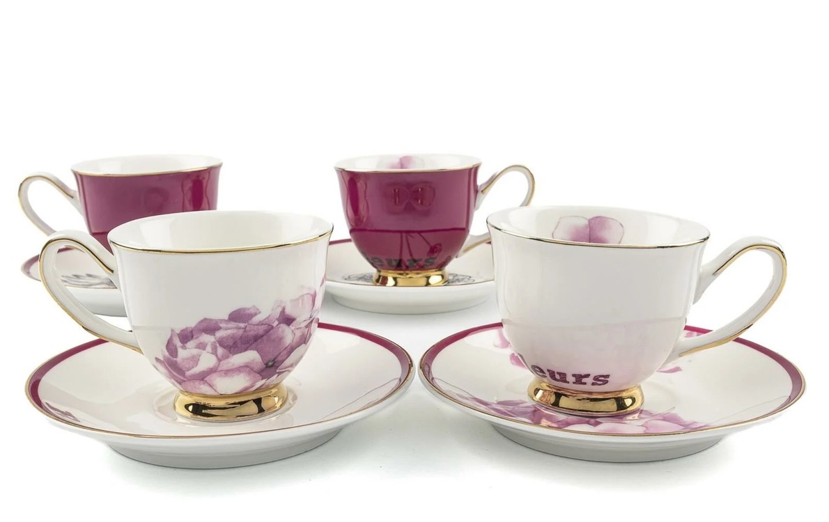AP123.381691 Benim Evim Pinky Rastgele 2'li Kahve Fincanı Seti Gold Yaldız Rose Fleurs Çiçekli