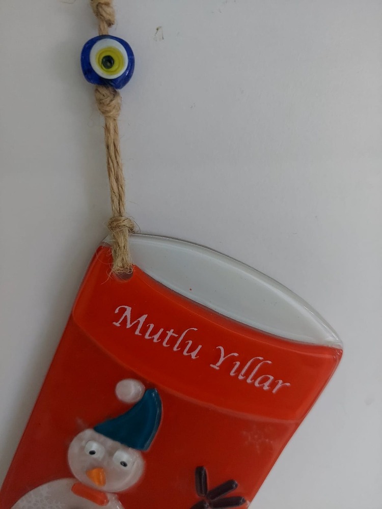 A426712 Mutlu Yıllar Kardan Adam Nazar Boncuklu Cam Asmalık Süs Çam Ağaçlı 1 Adet