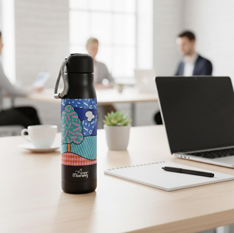 ANY212122547 Any Morning 600 ml Paslanmaz Çelik Termos, Çift Duvarlı, Sızdırmaz Kapaklı, Siyah