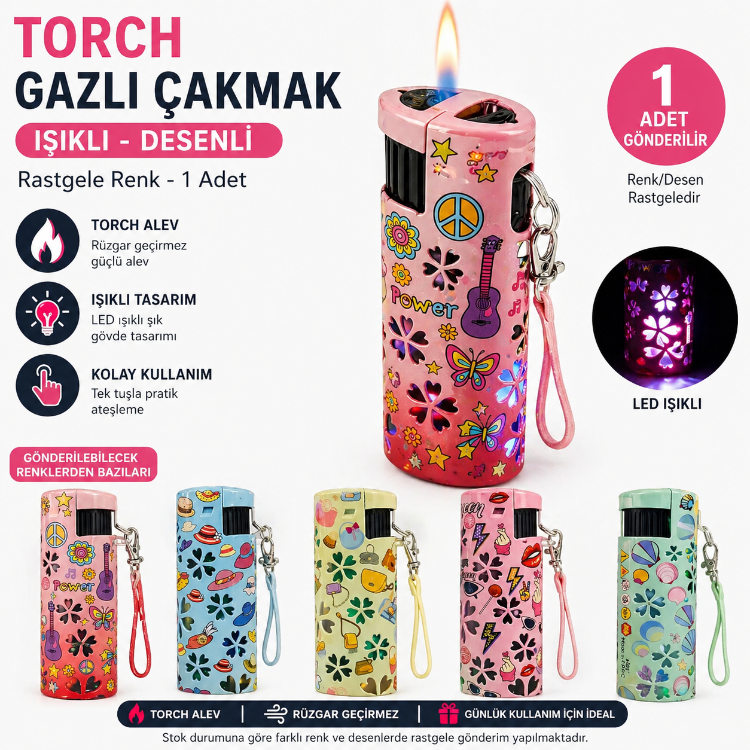  SM-184PB Torch Gazlı Işıklı Desenli Çakmak – Rüzgar Geçirmez Jet Alev, Rastgele Renk