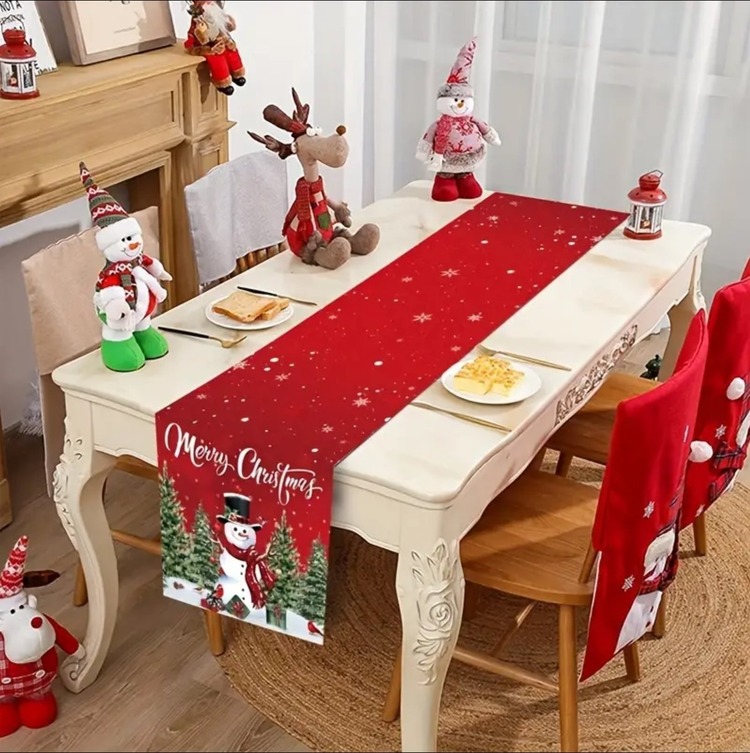 BT239574 Noel Ağaç Kar Adam Desenli Masa Örtü Runner 180x35cm Polyester 1 Adet