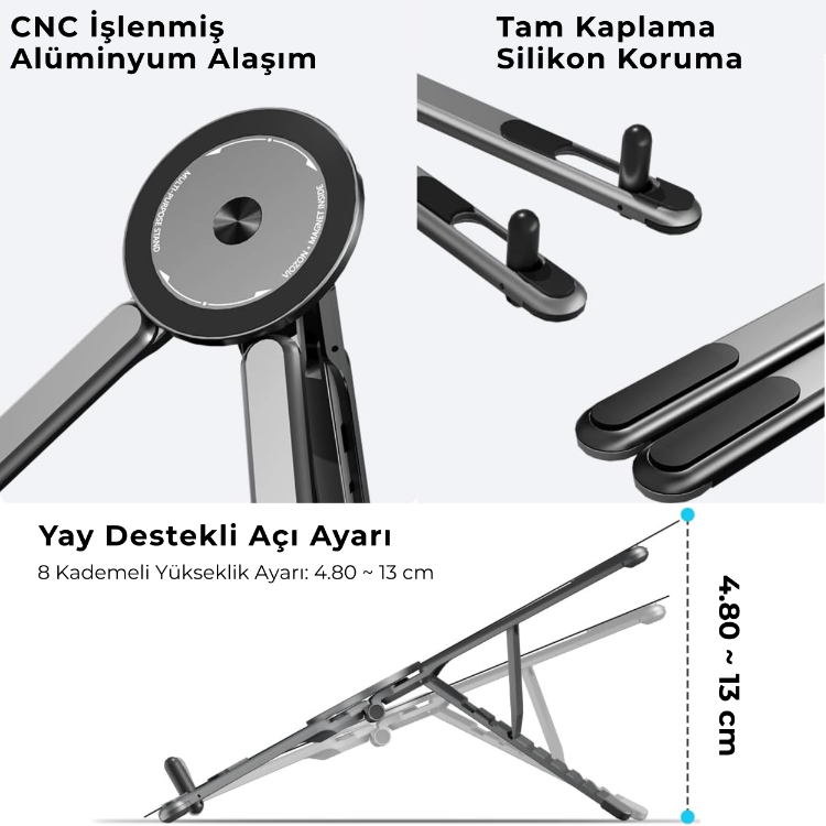 Manyetik 3’ü 1 Arada Ayarlanabilir Masaüstü Laptop Tablet Telefon Standı