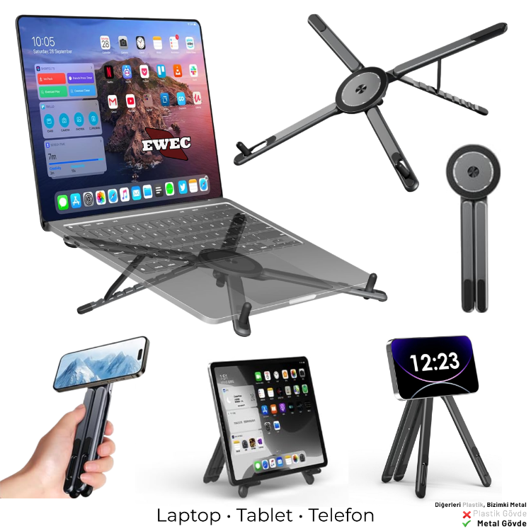 Manyetik 3’ü 1 Arada Ayarlanabilir Masaüstü Laptop Tablet Telefon Standı
