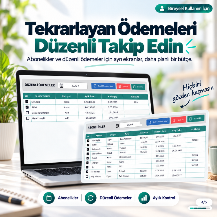 Excel Masraf Takip Programı (Ev Ekonomisi İçin Bireysel Kullanım)
