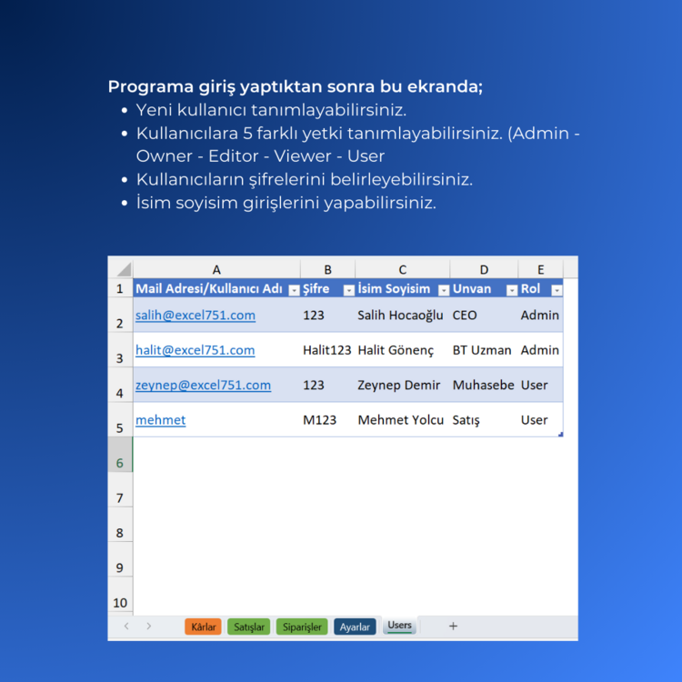 EXCEL KULLANICI GİRİŞ FORMU & ROL YÖNETİMİ