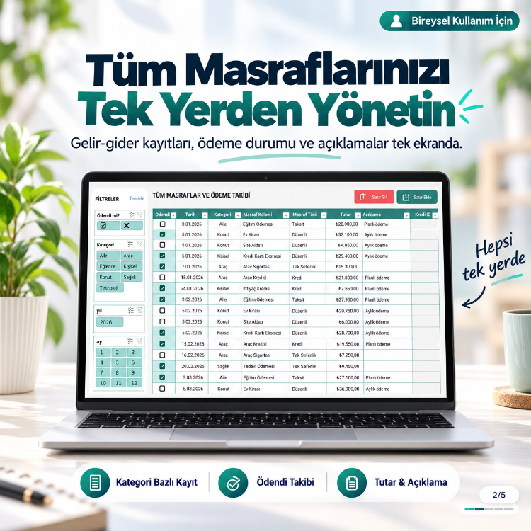 Excel Masraf Takip Programı (Ev Ekonomisi İçin Bireysel Kullanım)