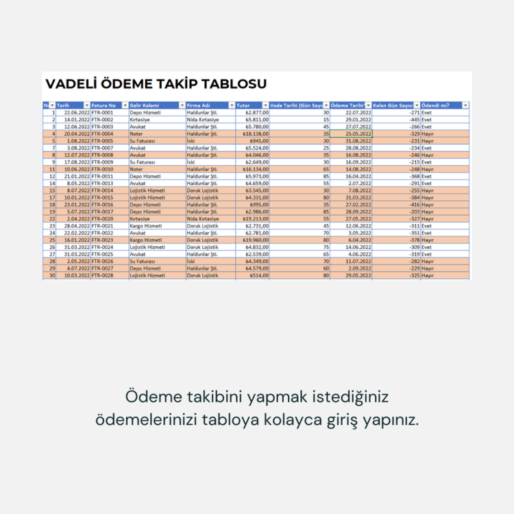 VADELİ ÖDEME TAKİP TABLOSU
