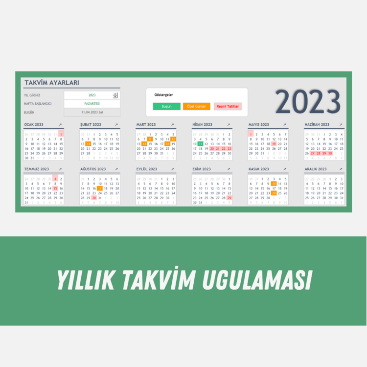 YILLIK TAKVİM UYGULAMASI - [RESMİ TATİL & ÖZEL GÜNLER RENKLENDİRİLMİŞ]