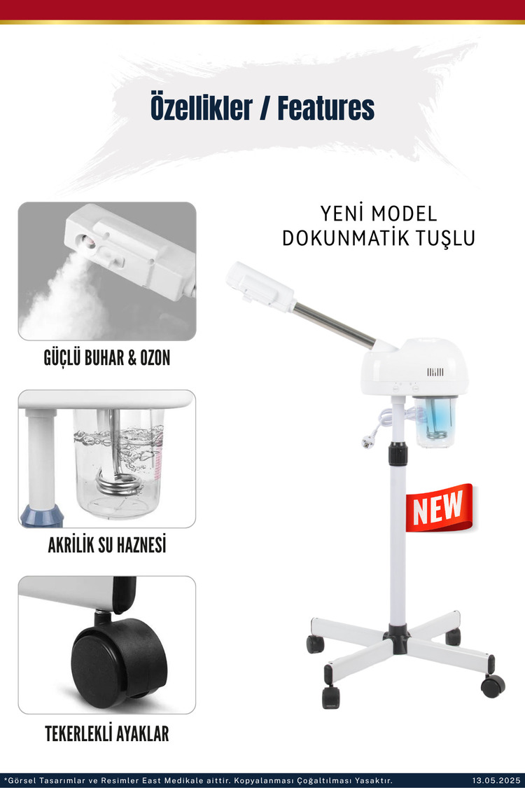 Lal Ayaklı Ve Ozonlu Yüz Buhar Makinesi Sıcak Vapozon Cilt Bakım Dokunmatik Ekran