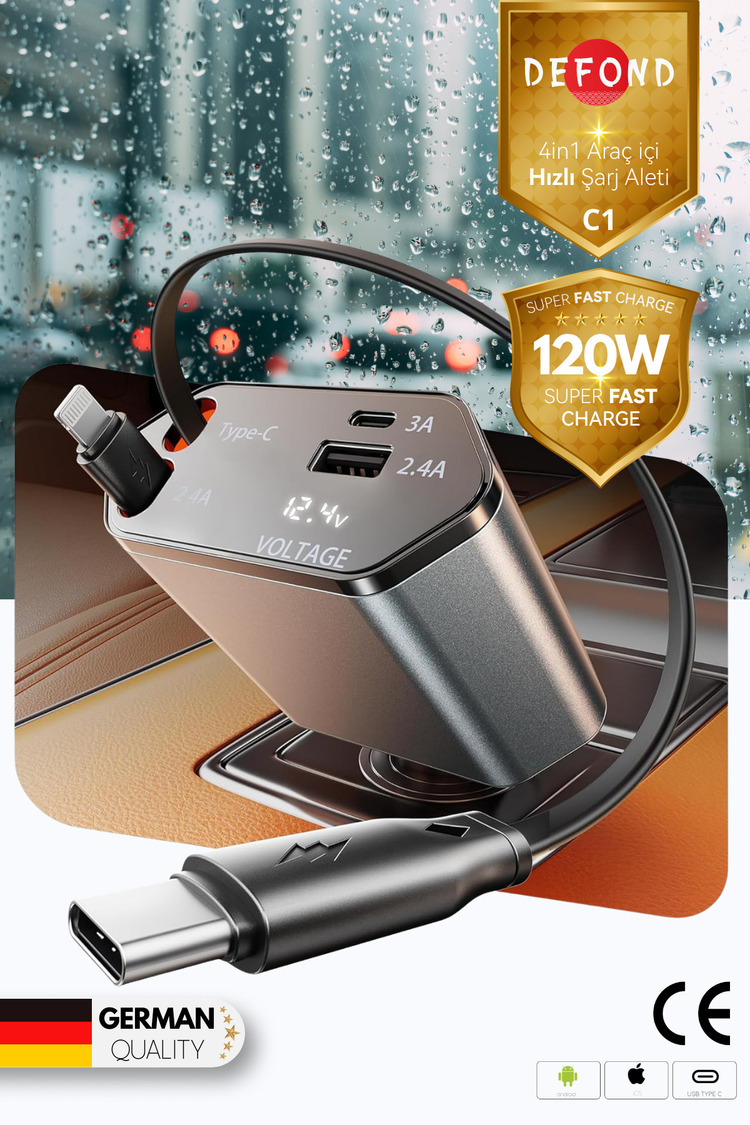 Usb C Typec Araç Şarj Aleti,4'ü 1 Arada Hızlı Şarz Araç 66w Araç Usb Şarj Cihazı