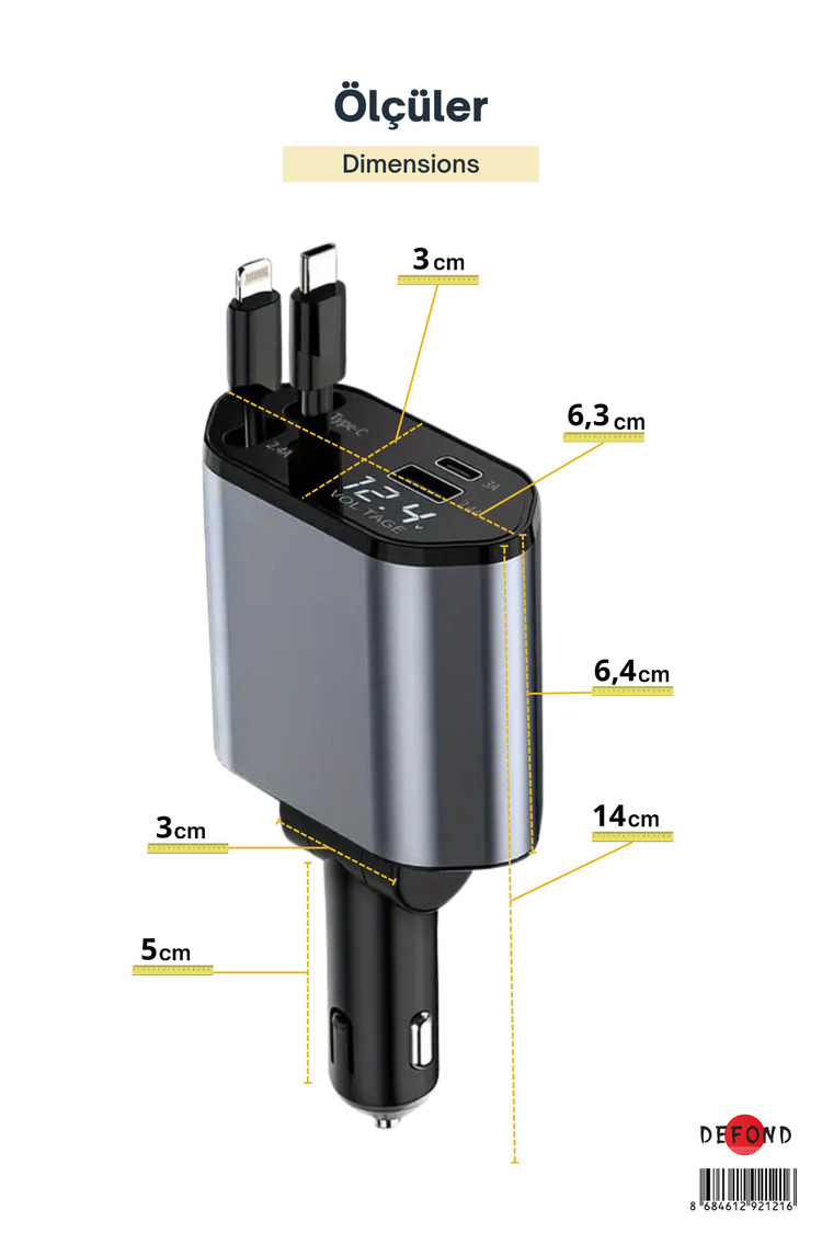 Usb C Typec Araç Şarj Aleti,4'ü 1 Arada Hızlı Şarz Araç 66w Araç Usb Şarj Cihazı