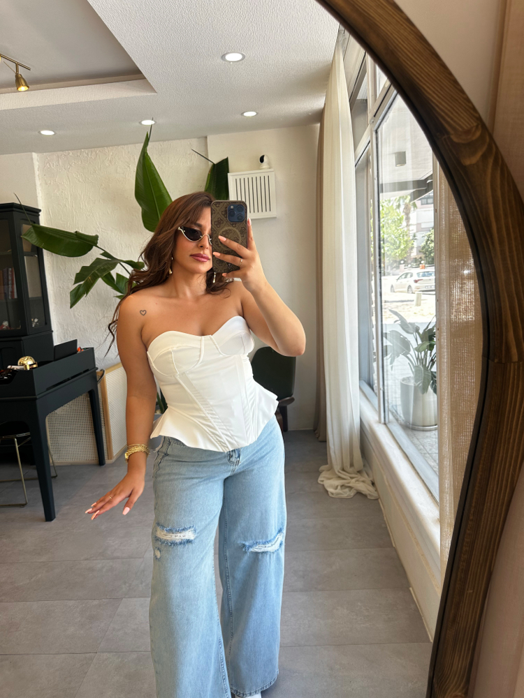 Dantel Detay Eskitme Denim Palazzo