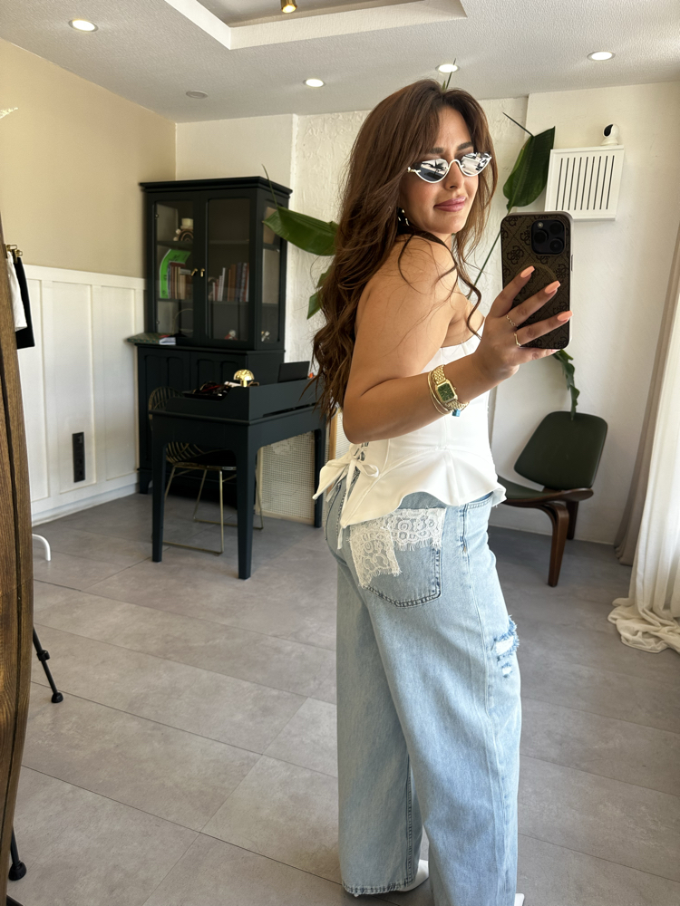 Dantel Detay Eskitme Denim Palazzo