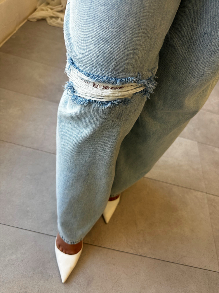 Dantel Detay Eskitme Denim Palazzo