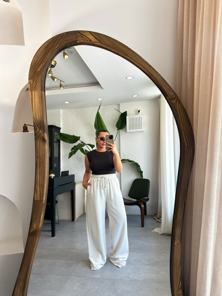 Ekru Beli Bağcıklı Keten Pantolon 