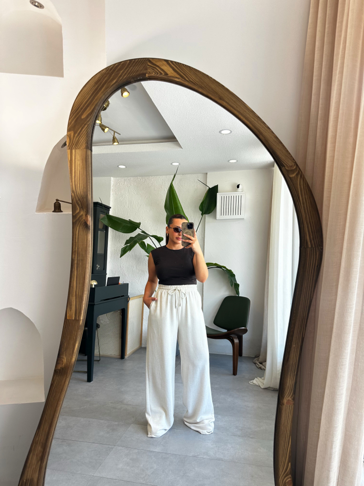Ekru Beli Bağcıklı Keten Pantolon 