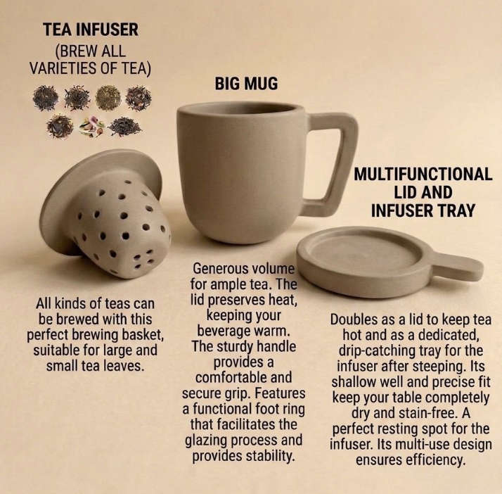 Tea Brewing Set Template: Mug, Infuser, Lid and Plate Ceramic Pottery (Printable PDF A4 size)