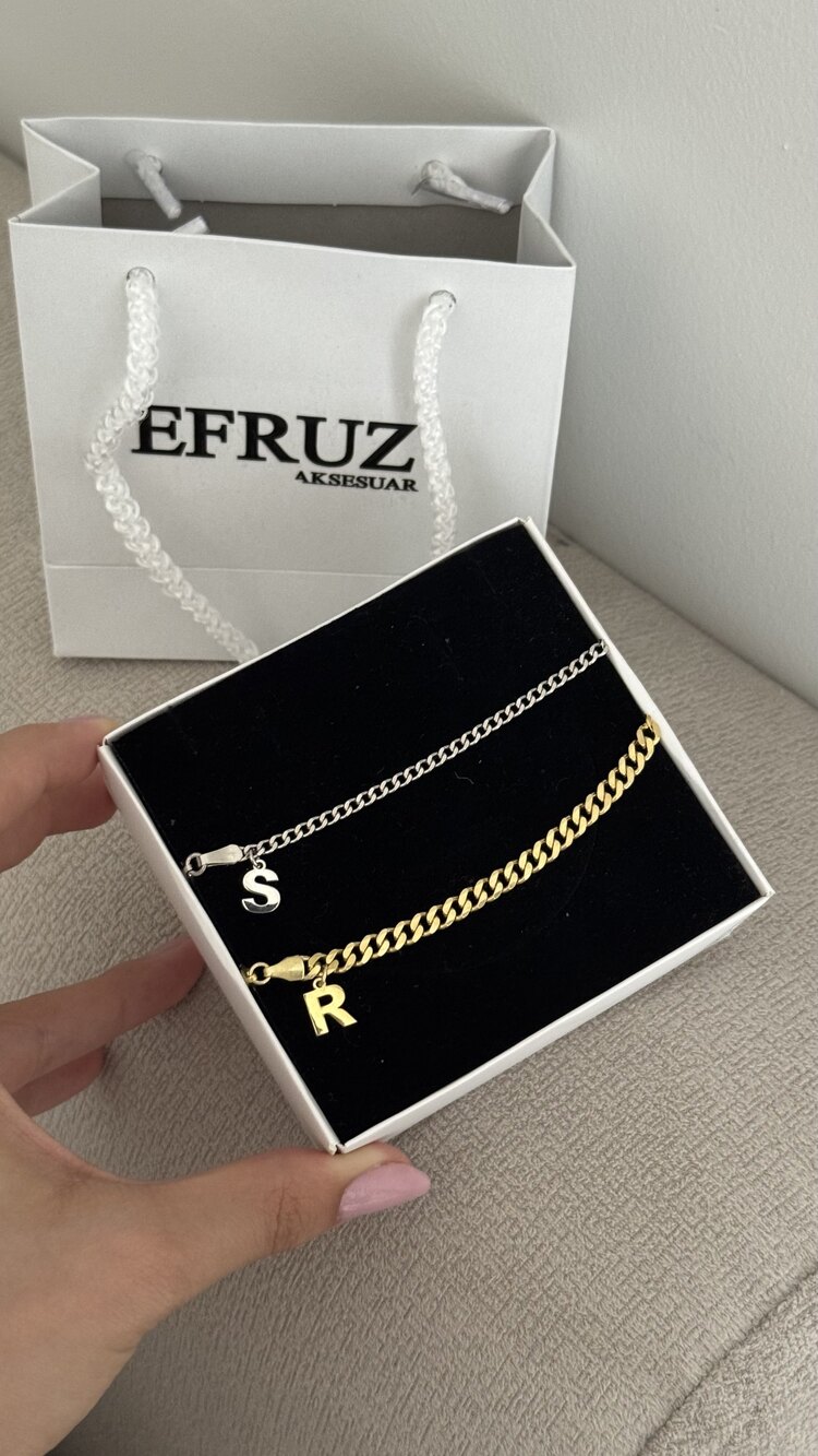 Harfli gurmet zincir çift bileklik | 925 ayar gümüş