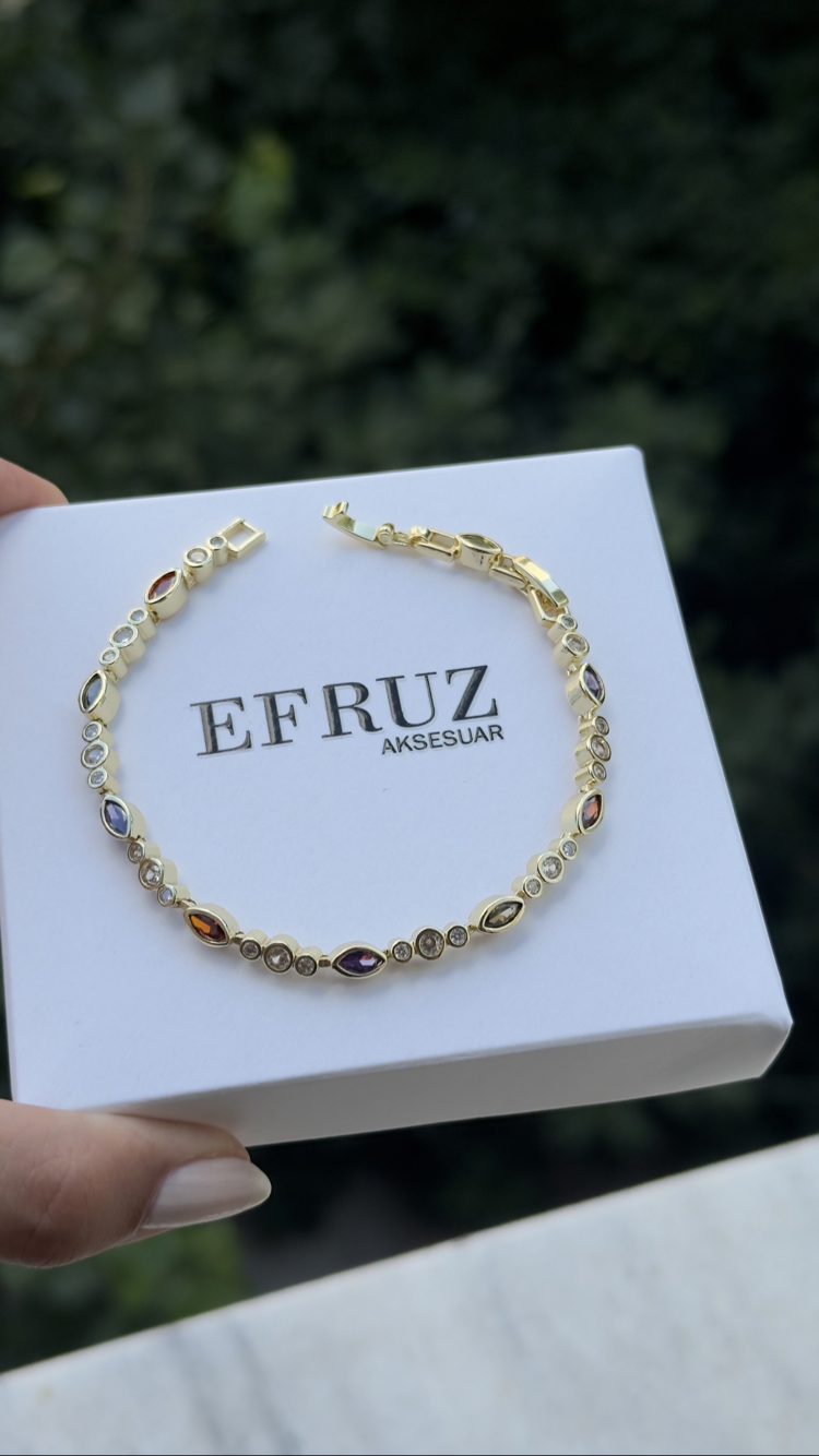 Renkli damla ve oval taşlı bileklik | 14K VİP KAPLAMA