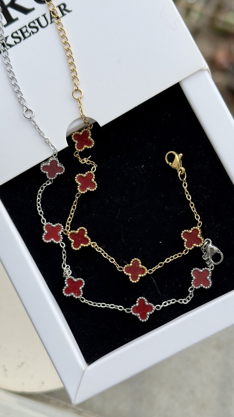 Bordo mini yonca bileklik |Çelik