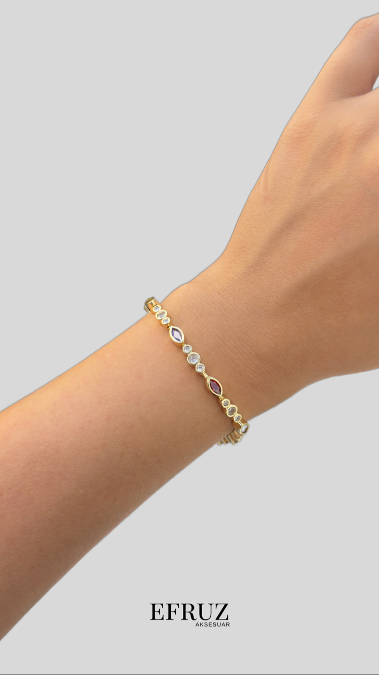 Renkli damla ve oval taşlı bileklik | 14K VİP KAPLAMA