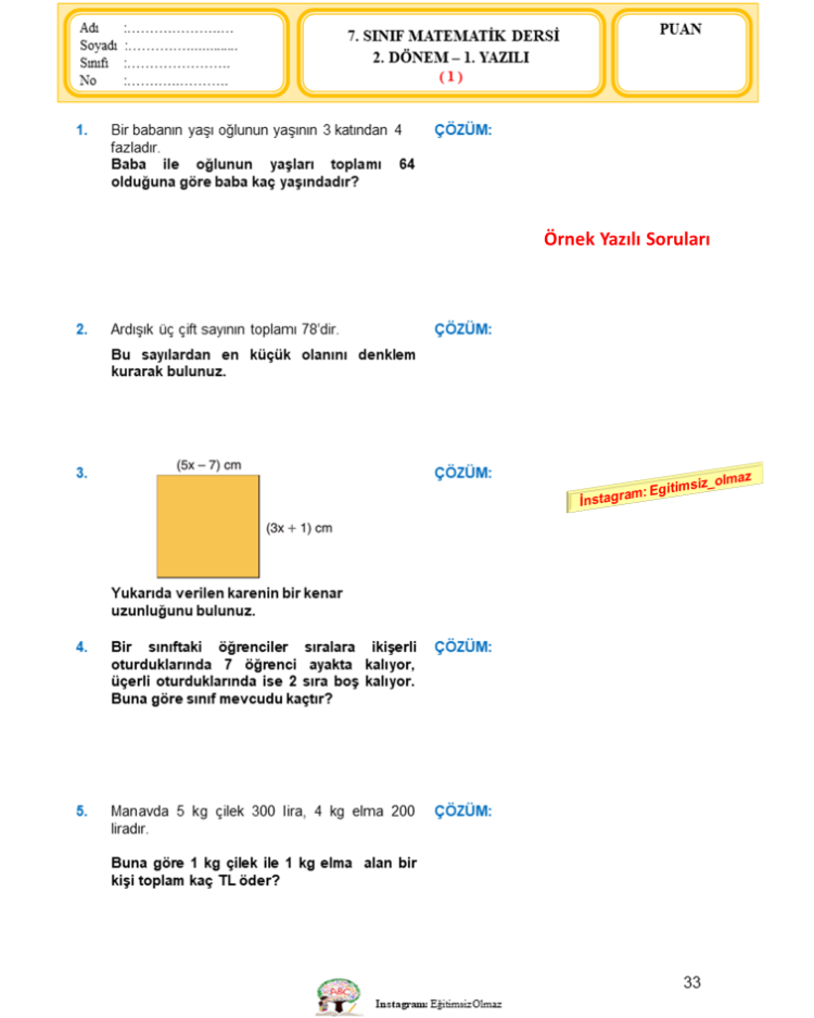 7.Sınıf 2.Dönem 1.Yazılı Seti - MNG Kargo