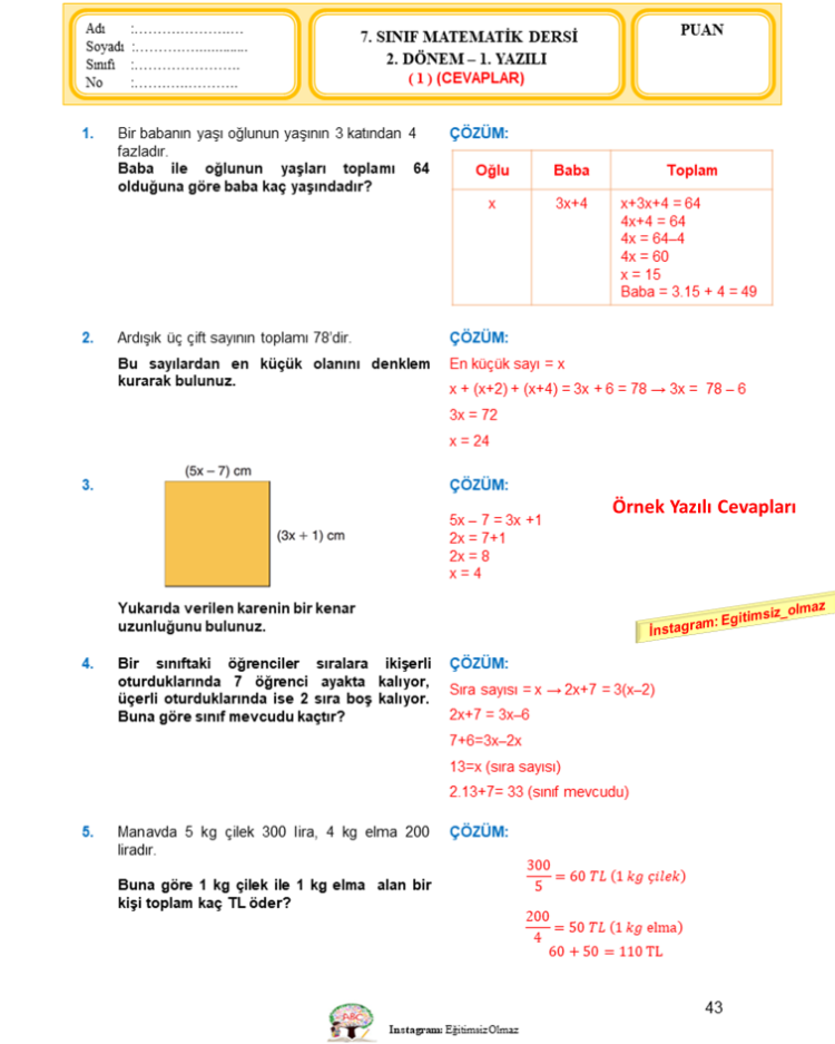 7.Sınıf 2.Dönem 1.Yazılı Seti - MNG Kargo