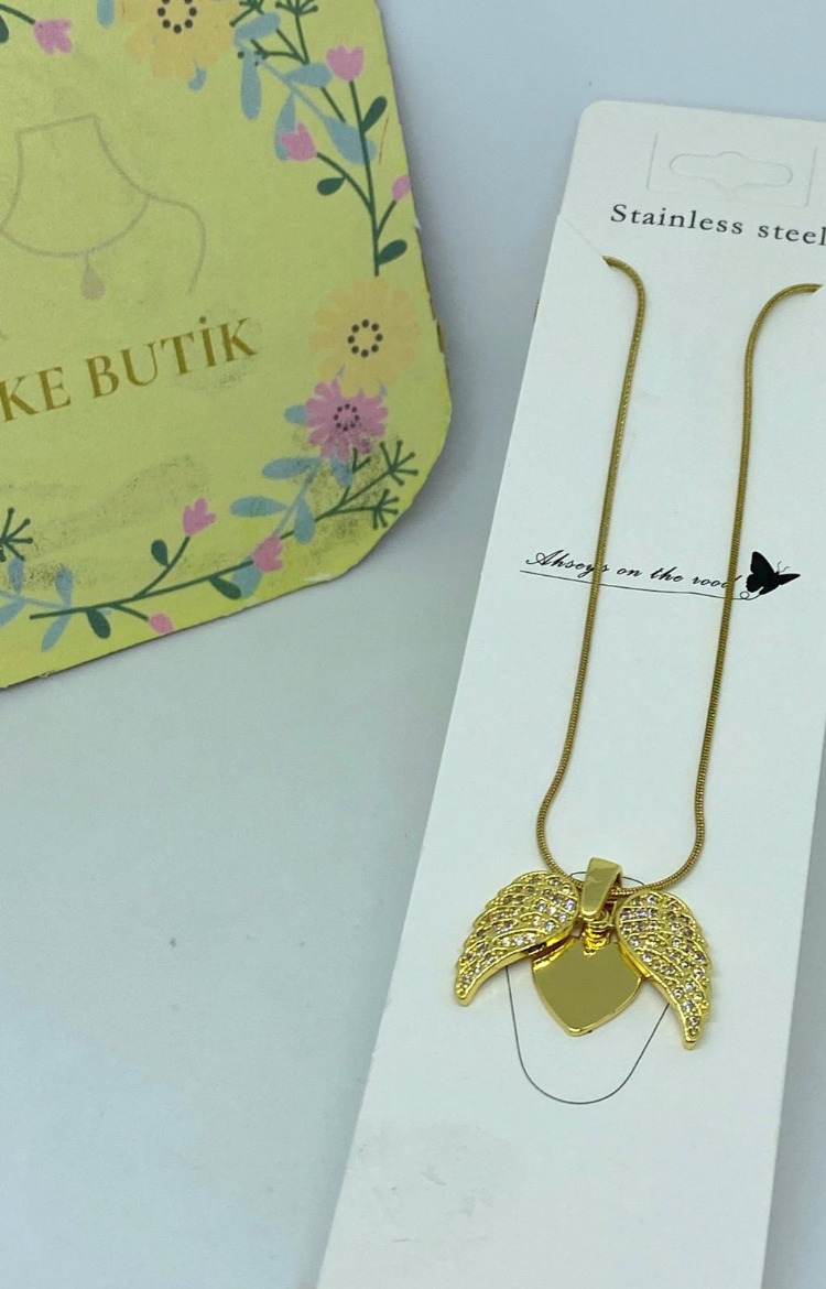 Çelik Açılır Kanatlı Melek Taşlı Kolye Gold