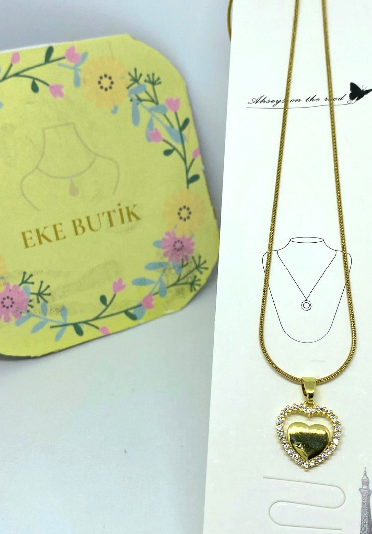 Çelik Taşlı Kalp Kolye Gold