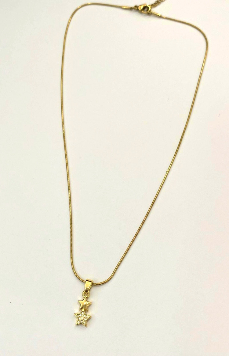 Çelik İkili Yıldız Taşlı Kolye Gold
