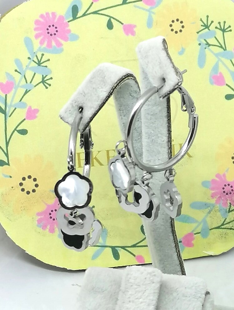 Çelik Yonca Sedefli Charm Halka Küpe Gümüş