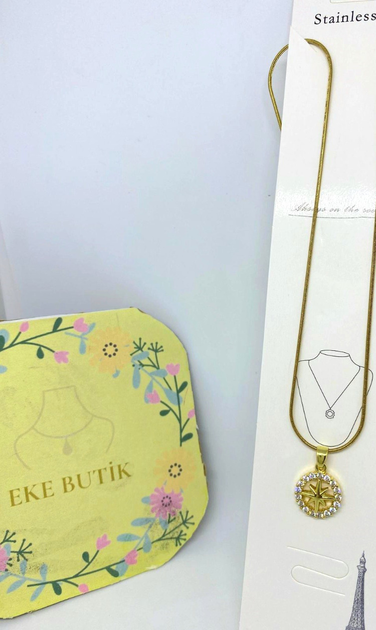 Çelik Halkalı Yıldız Taşlı Kolye Gold