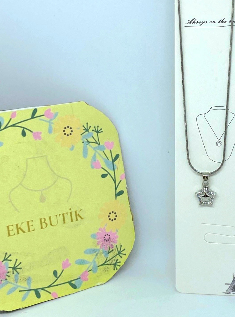 Çelik Beşgen Taşlı Yıldız Kolye Gümüş