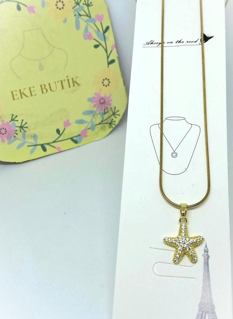  Çelik Deniz Yıldızı Taşlı Kolye Gold