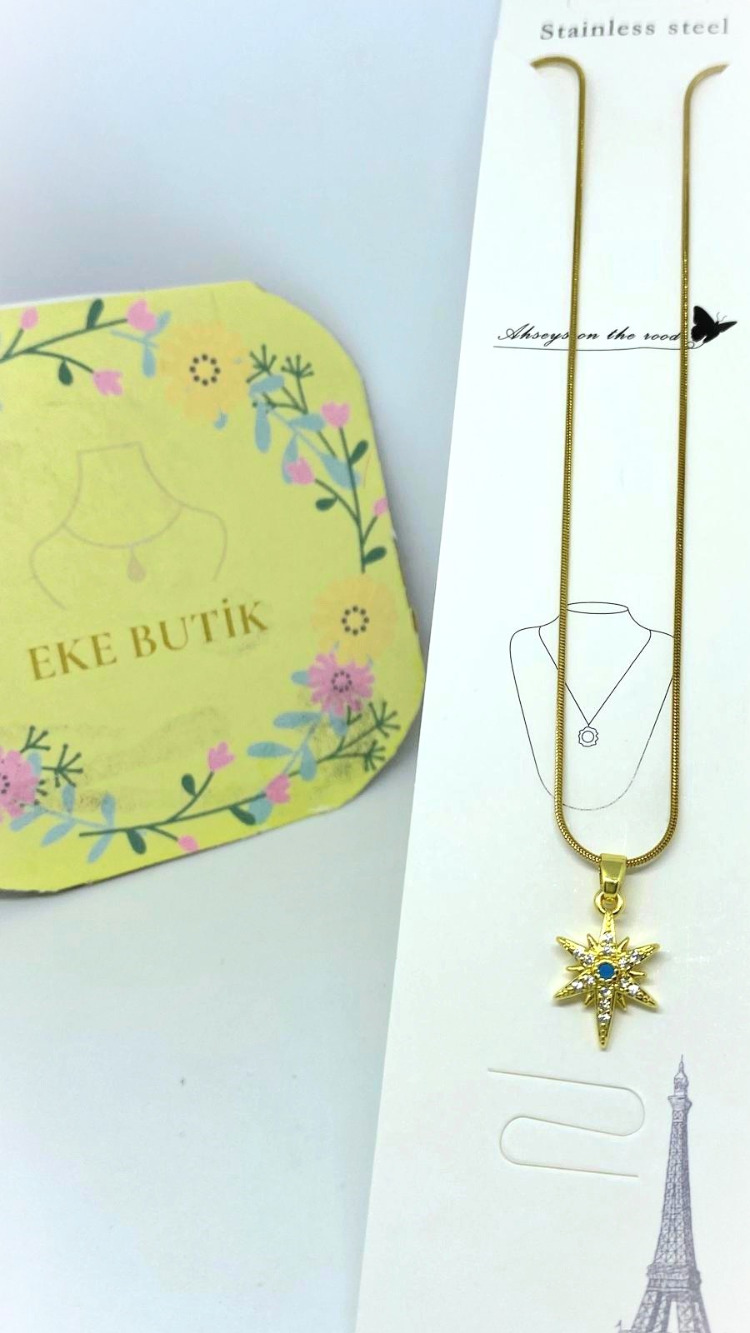 Çelik Kuzey Yıldızı Taşlı Kolye Gold
