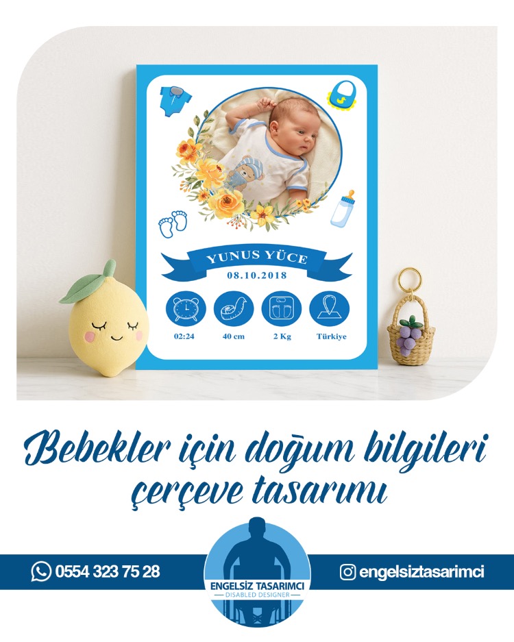 Bebekler İçin Doğum Bilgileri Çerçeve Tasarımı - Erkek Bebek İçin
