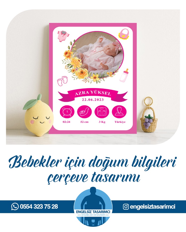 Bebekler İçin Doğum Bilgileri Çerçeve Tasarımı - Kız Bebek İçin