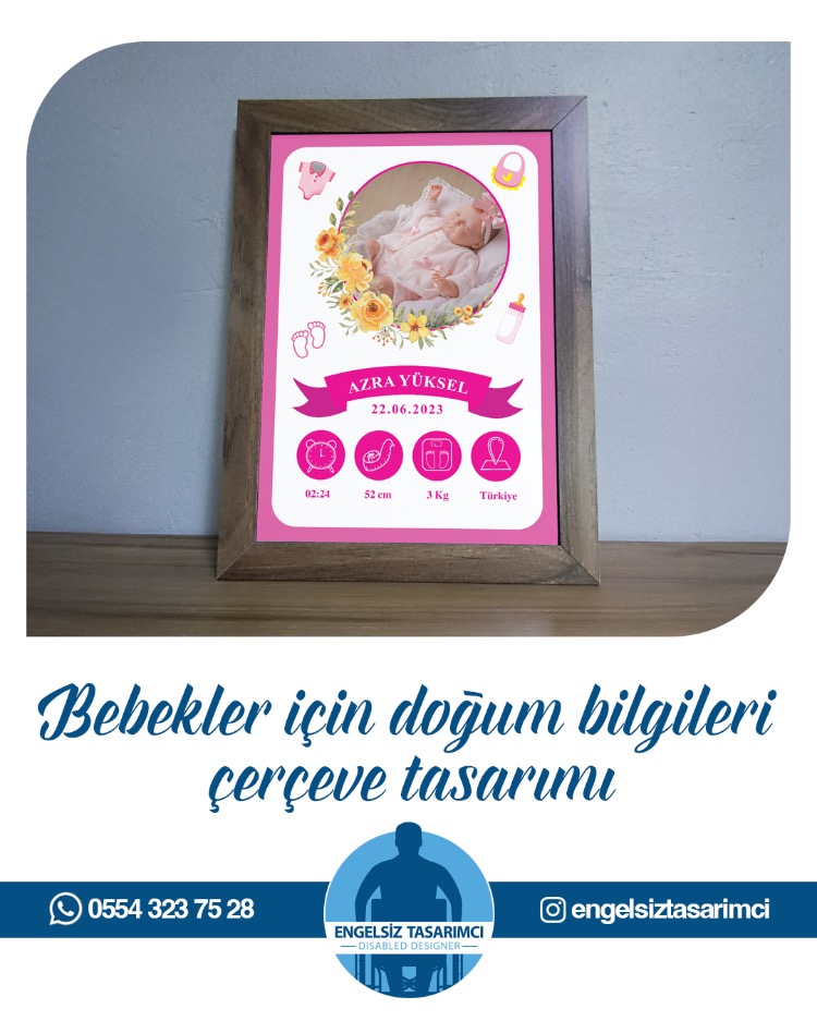 Bebekler İçin Doğum Bilgileri Çerçeve Tasarımı - Kız Bebek İçin