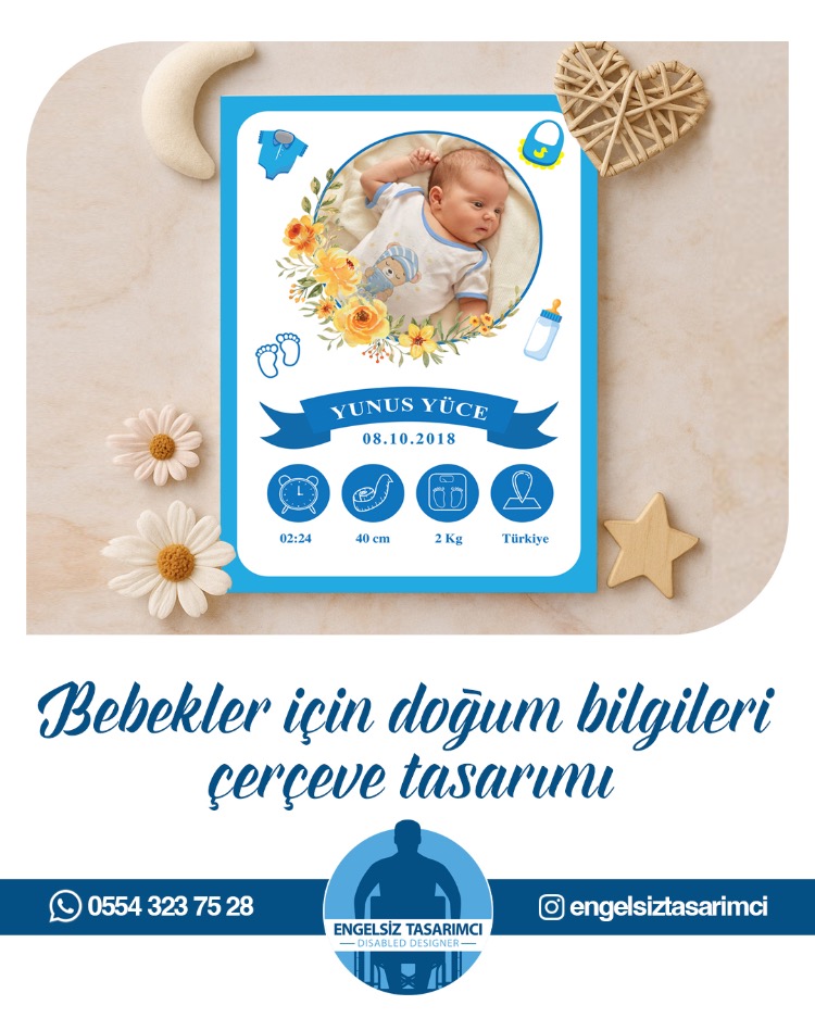 Bebekler İçin Doğum Bilgileri Çerçeve Tasarımı - Erkek Bebek İçin