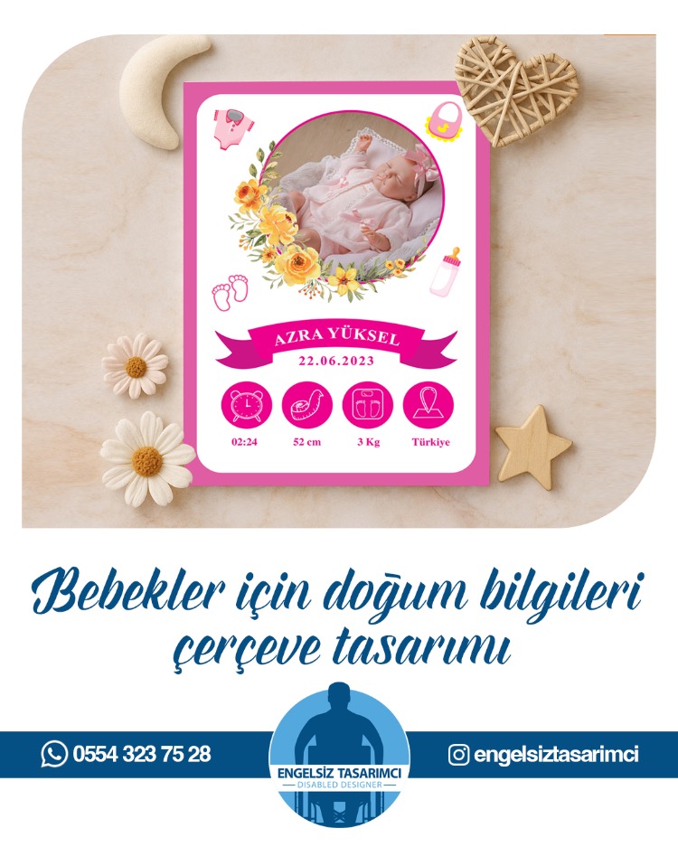 Bebekler İçin Doğum Bilgileri Çerçeve Tasarımı - Kız Bebek İçin