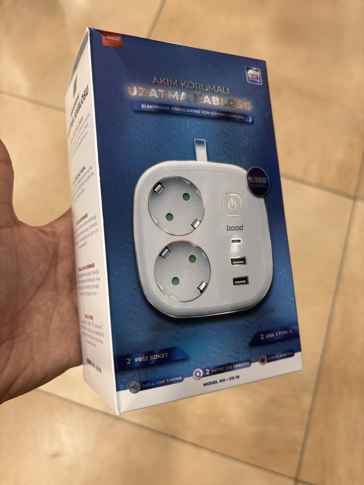 2 METRE KABLOLU USB VE TYP C GİRİŞLİ PRİZ SIFIR KUTUSUNDA KARGO DAHİL 
