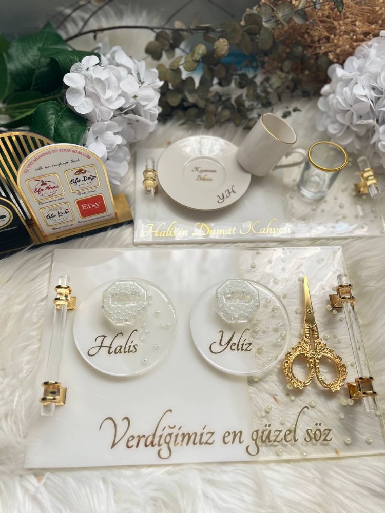 Handgefertigtes Epoxid-Perlenmodell Verlobungs- und Versprechenstablett-Set | EW-292643