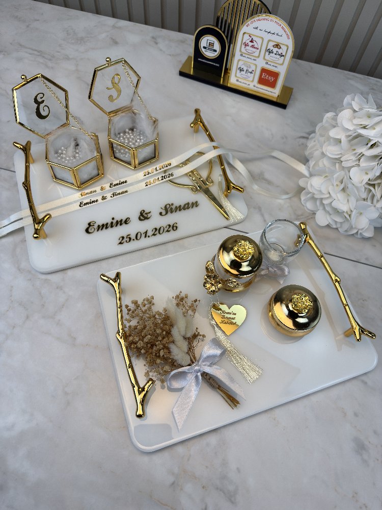 Epoxid-Modell Verlobungs- und Heiratsantrags-Tablett-Set mit Perlen | EW-292962