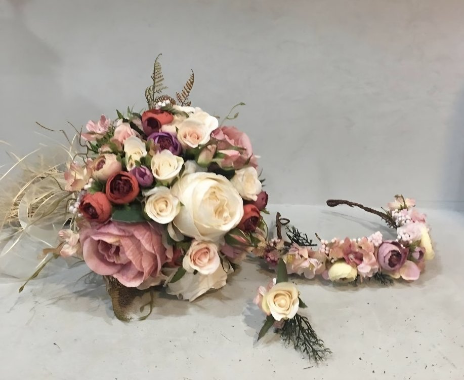 Personalisierter Brautstrauß+Ansteckblume+Brautkrone | EW-292893