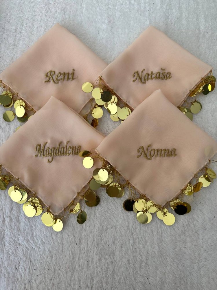 20 Stück personalisierte Halay-Taschentücher aus Chiffonstoff mit Pailletten | EW-292871